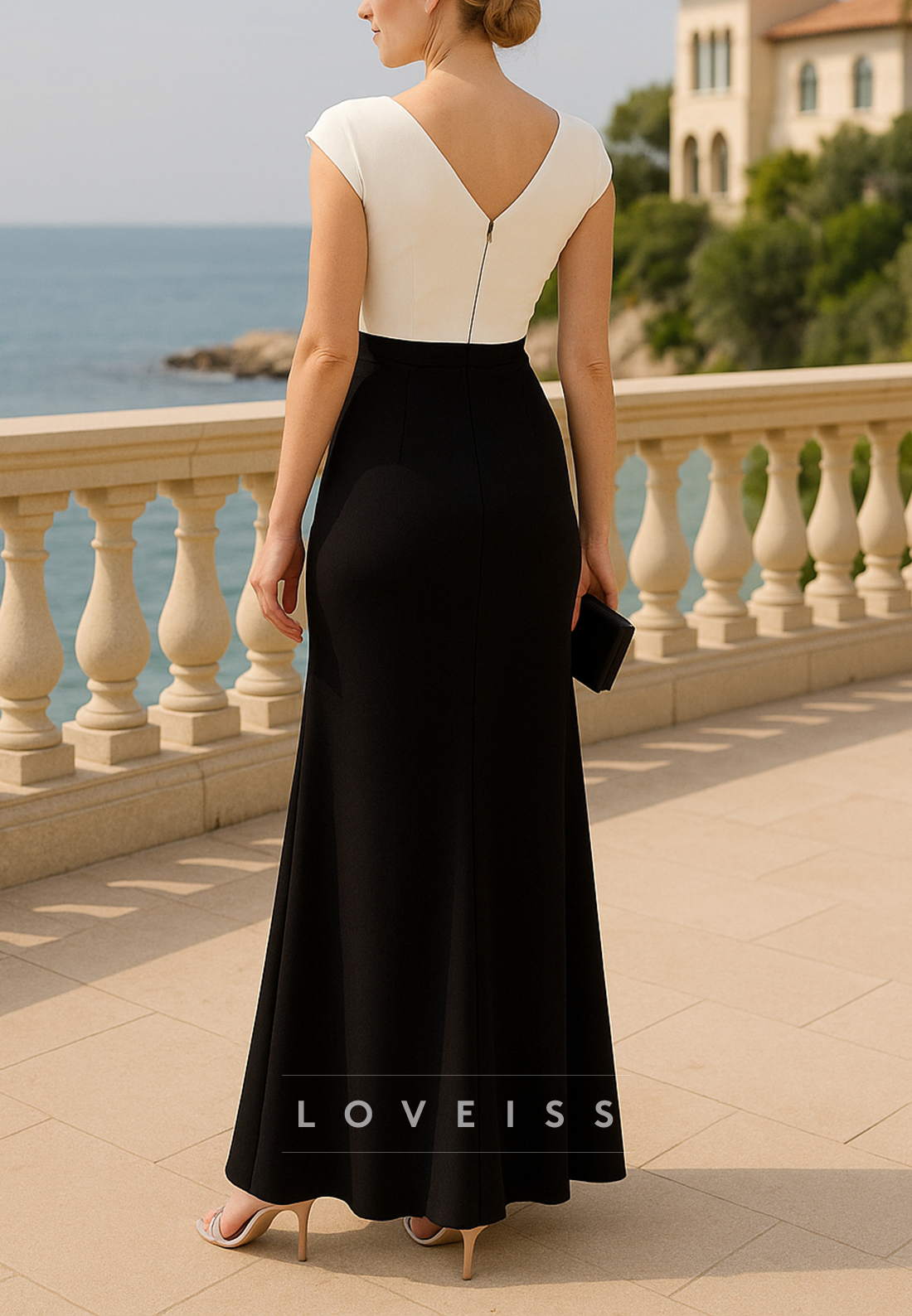 V-Neck Cap Sleeves Sheath Mother of Bride Dress