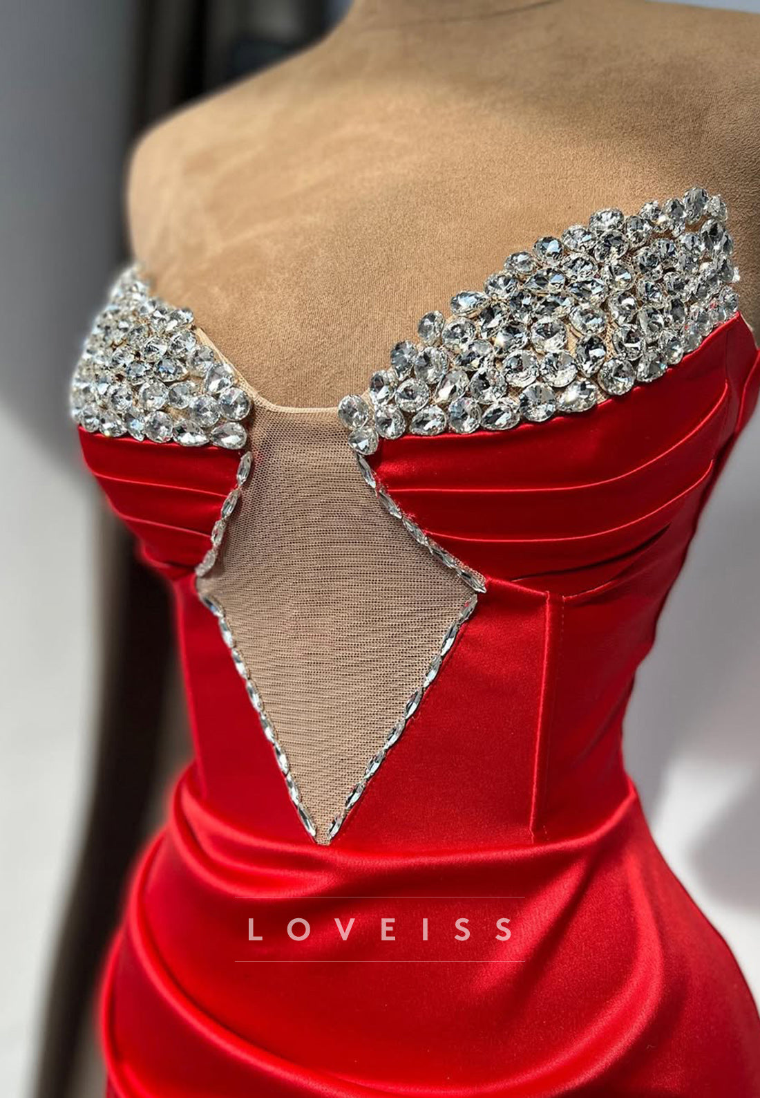 V-Neck Cut Out Pleated Beaded Sheath Formal Dress