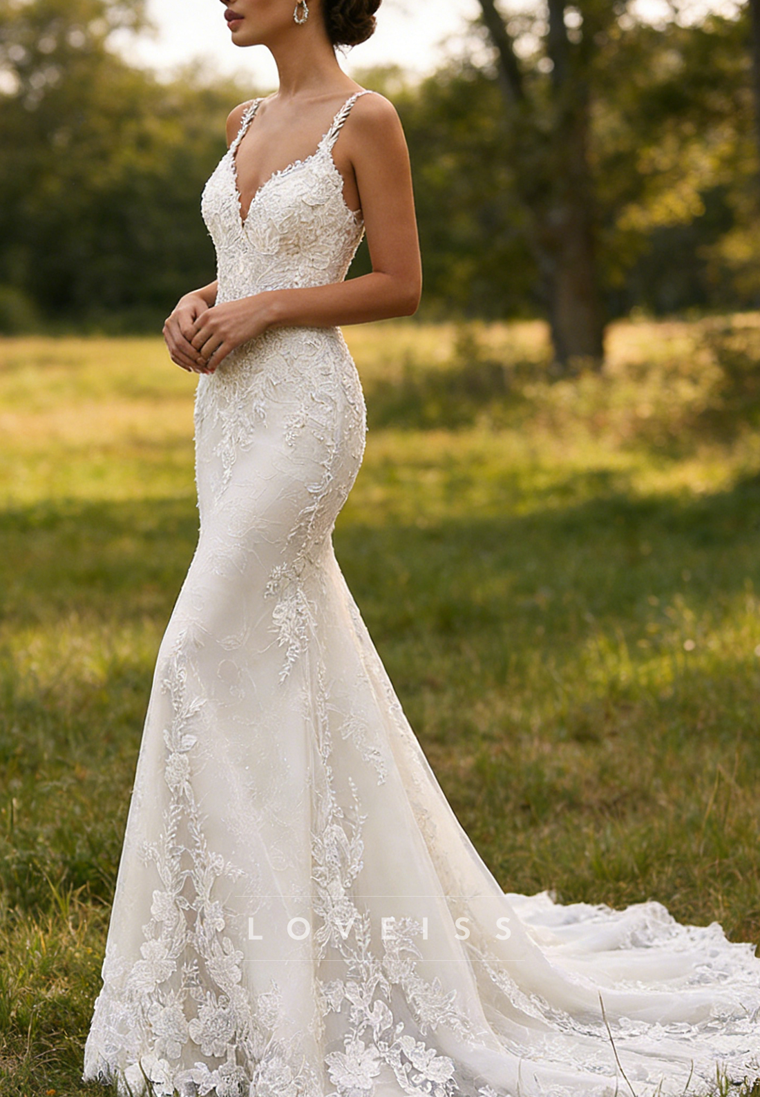 V-Neck Detachable Train Lace Appliques Mermaid Wedding Dress