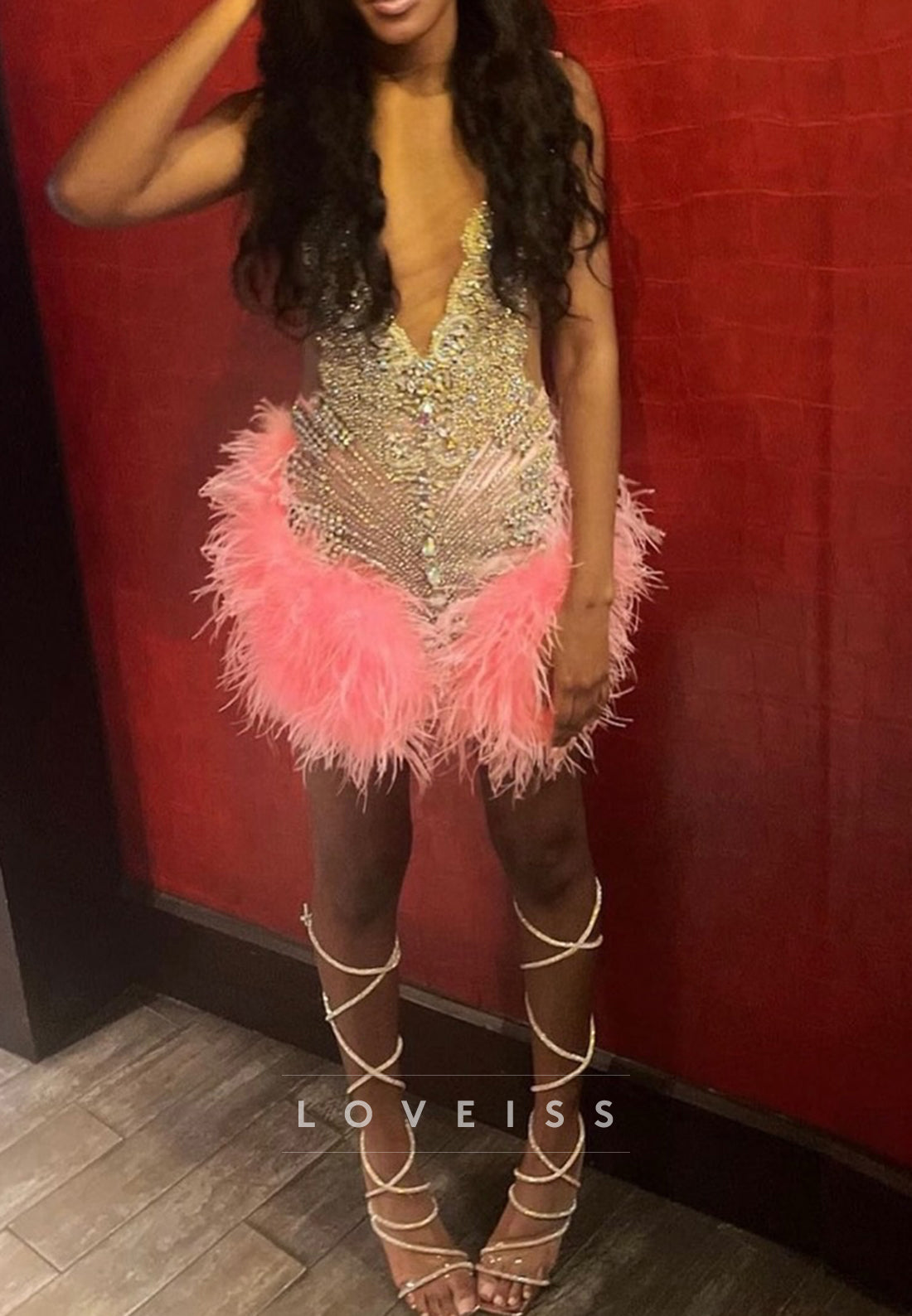 V-Neck Feathered Beaded Sleeveless Sheath Party Homecoming Dress