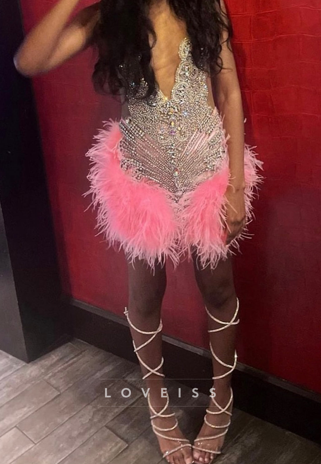 V-Neck Feathered Beaded Sleeveless Sheath Party Homecoming Dress