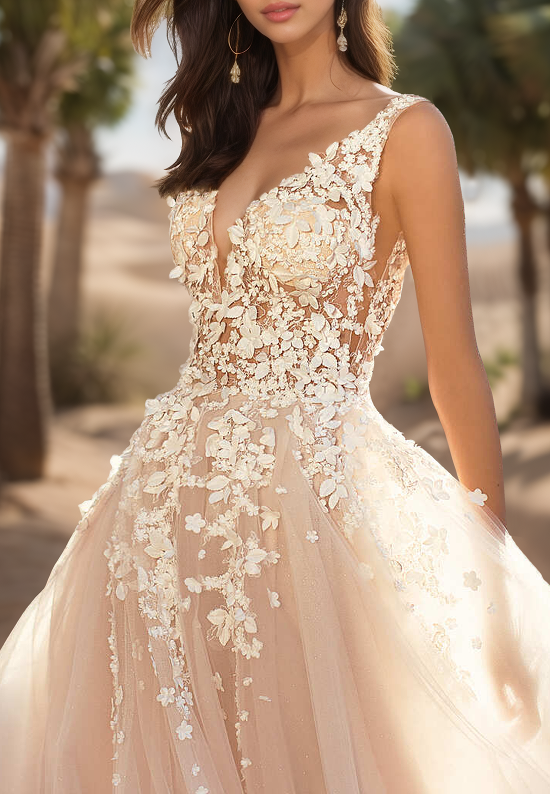 V-Neck Floral Appliques Straps Tulle A-Line Wedding Dress