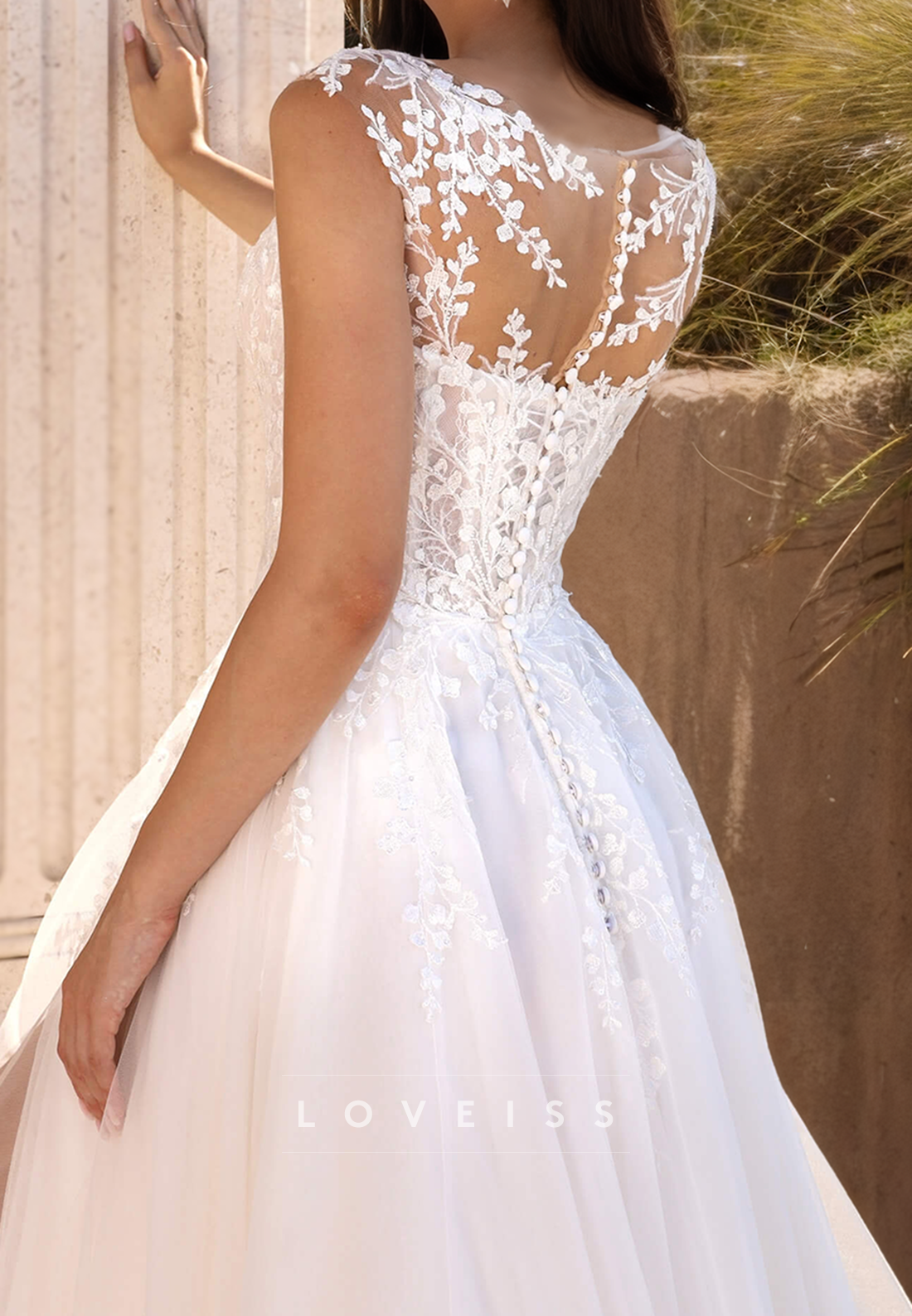 V-Neck Floral Appliques Tulle Side Slit A-Line Wedding Dress