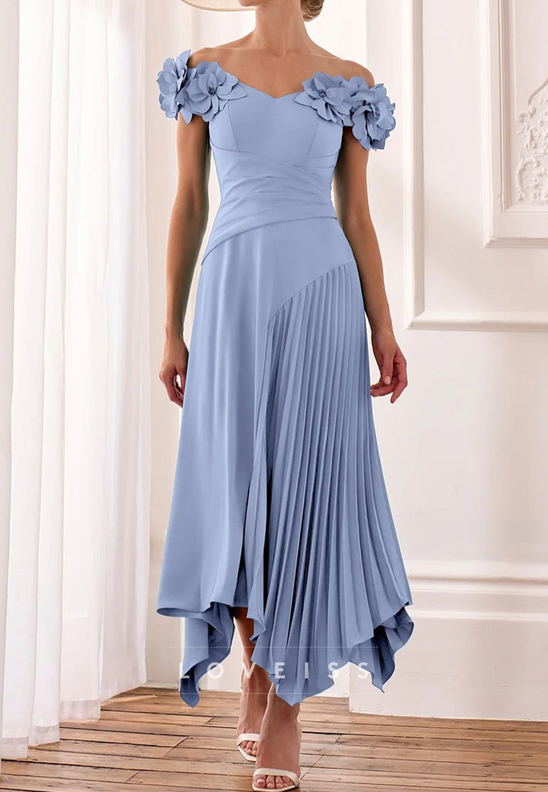 V-Neck Floral Cap Sleeves A-Line Mother of Bride Dress