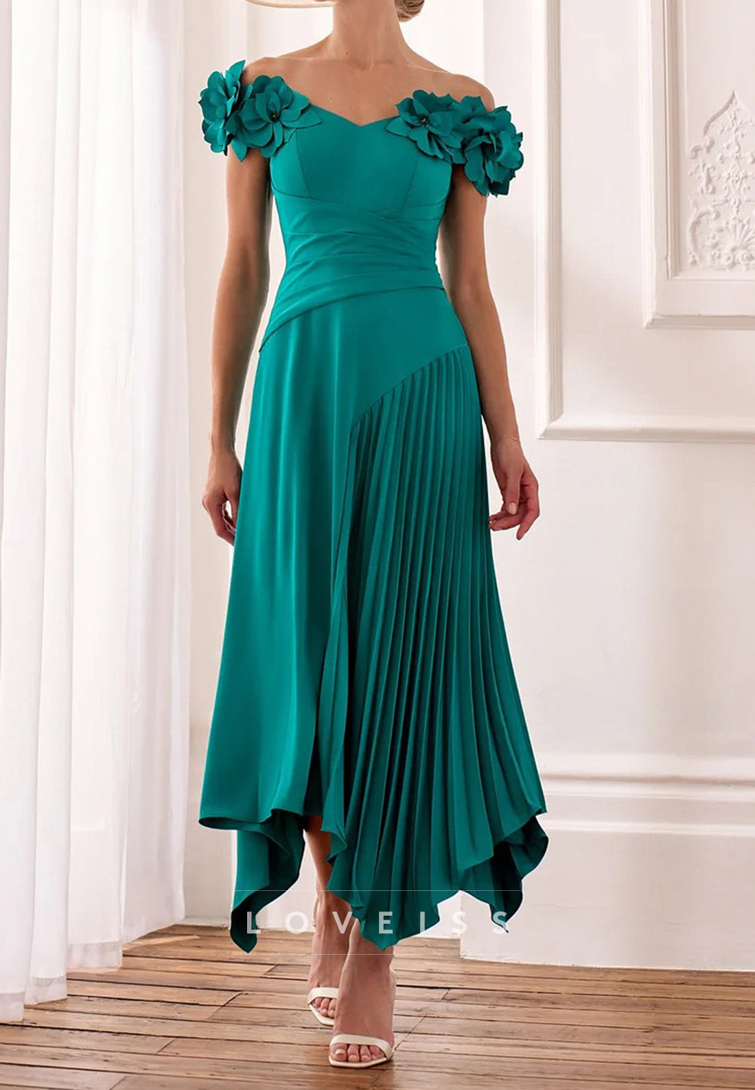 V-Neck Floral Cap Sleeves A-Line Mother of Bride Dress