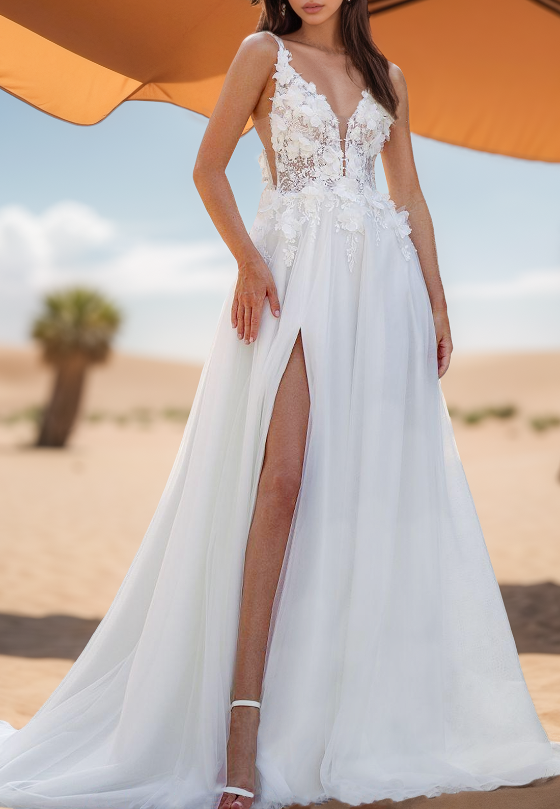 V-Neck Floral Embellished Side Slit Spaghetti Straps Beach Wedding Dress