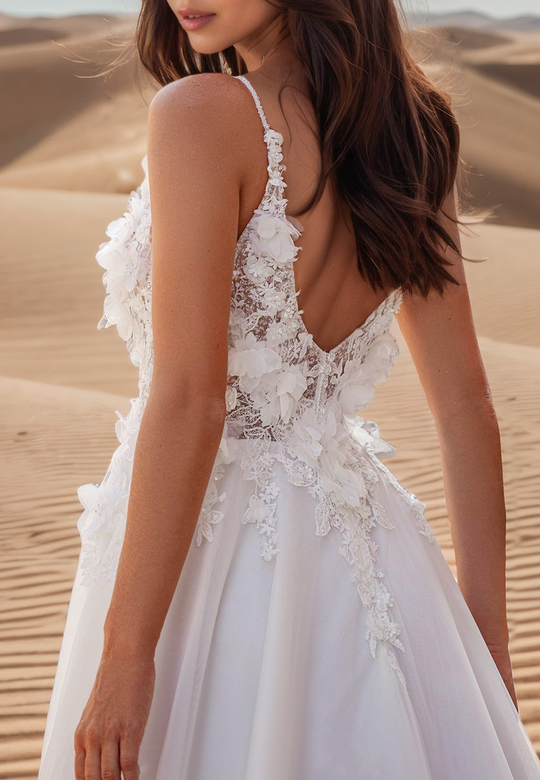 V-Neck Floral Embellished Side Slit Spaghetti Straps Beach Wedding Dress