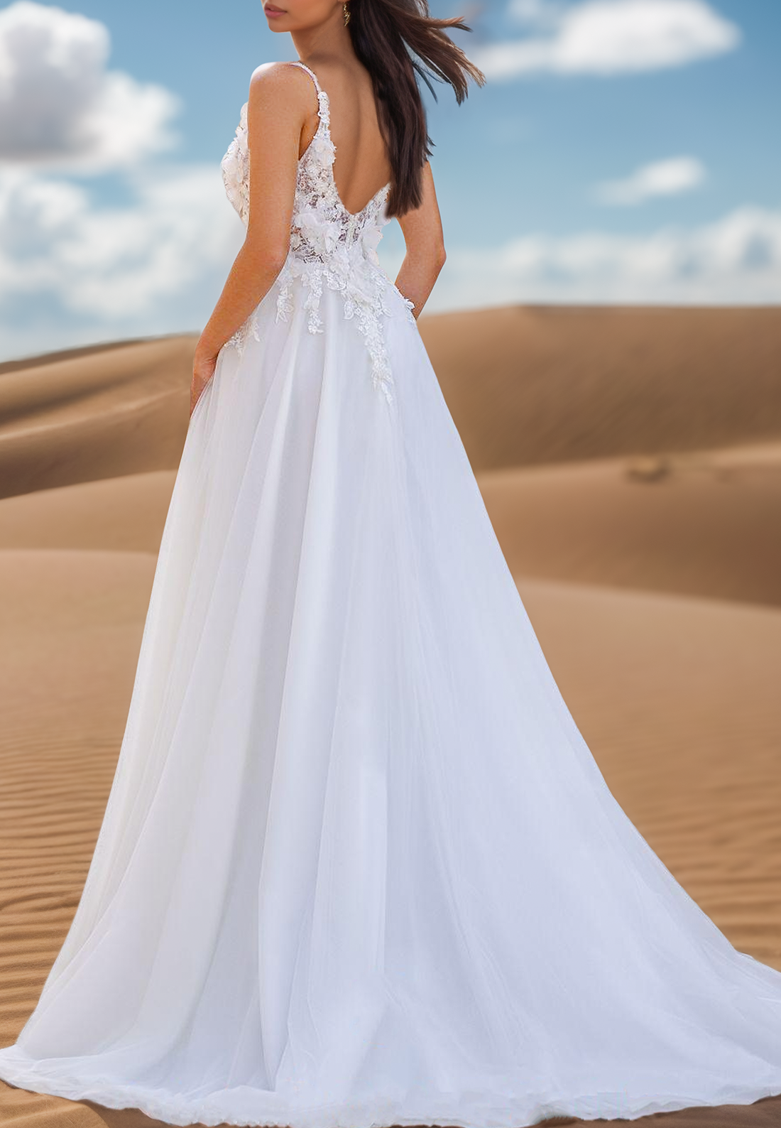 V-Neck Floral Embellished Side Slit Spaghetti Straps Beach Wedding Dress