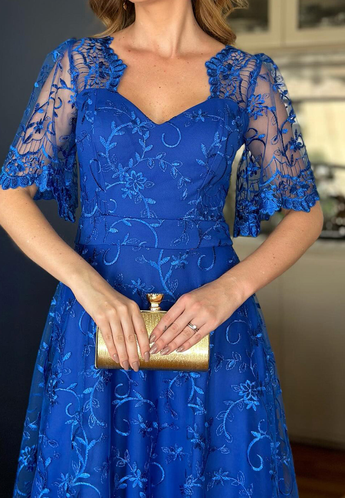 V-Neck Half Sleeves Appliques A-Line Mother of Bride Dress