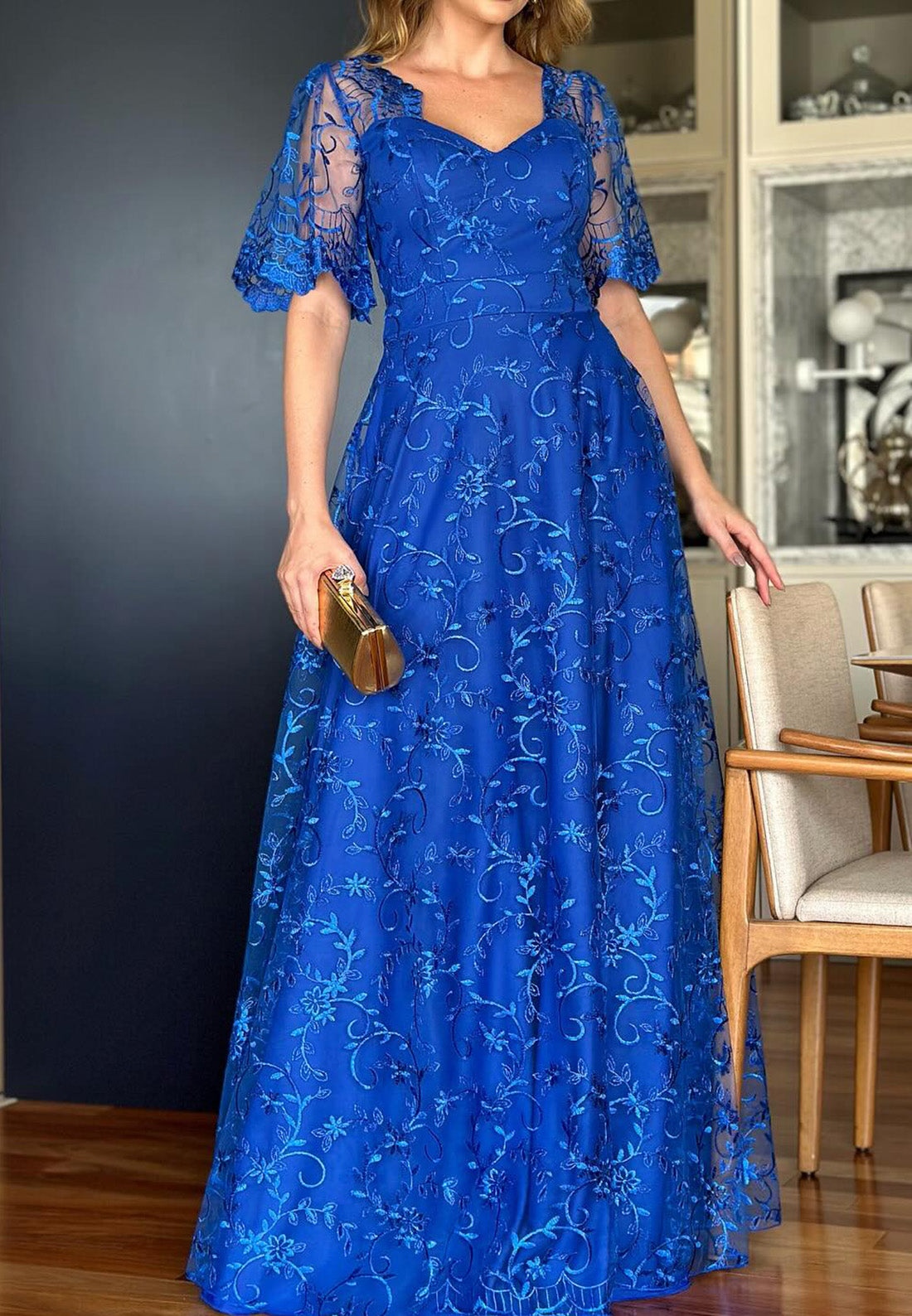 V-Neck Half Sleeves Appliques A-Line Mother of Bride Dress