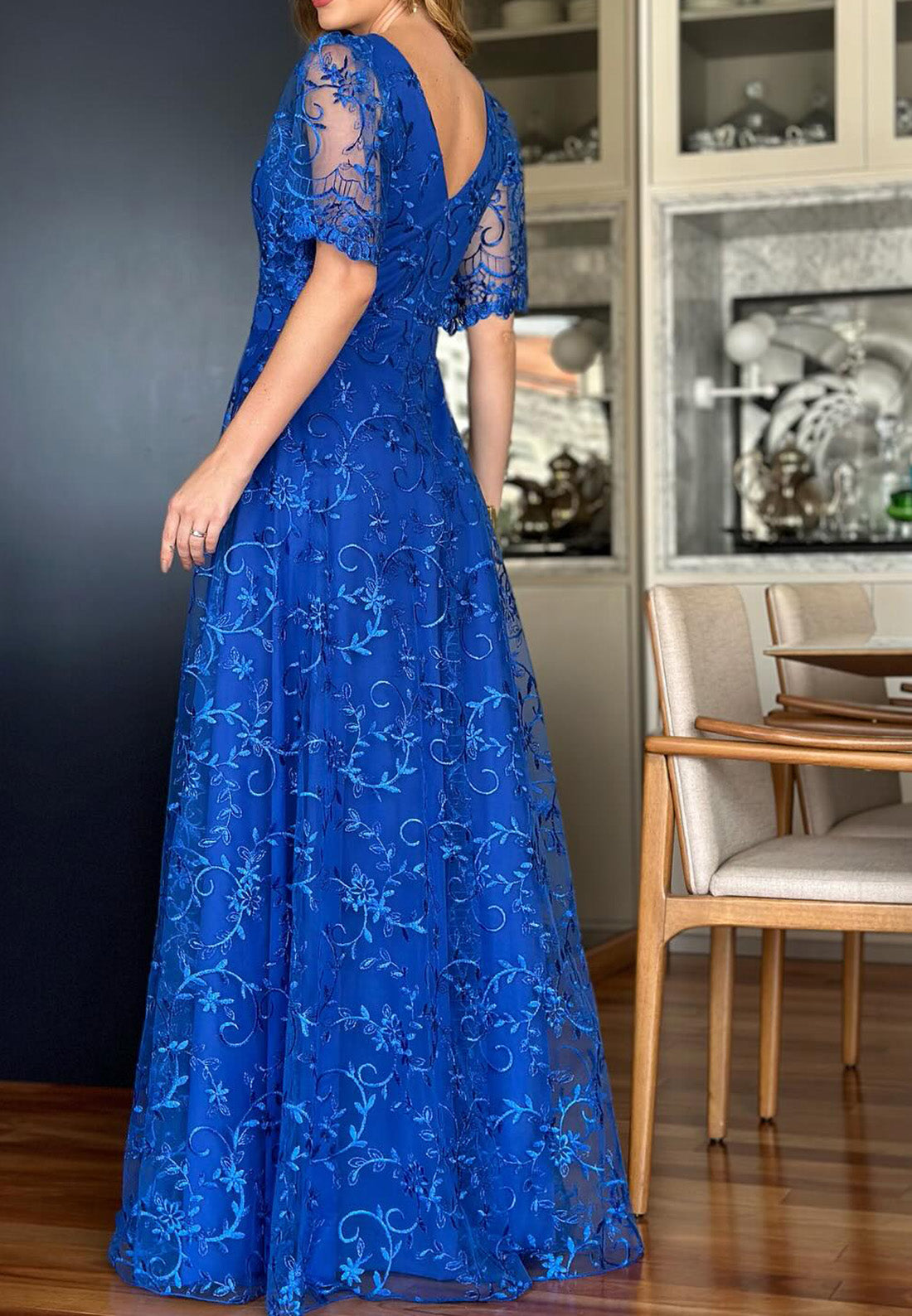 V-Neck Half Sleeves Appliques A-Line Mother of Bride Dress