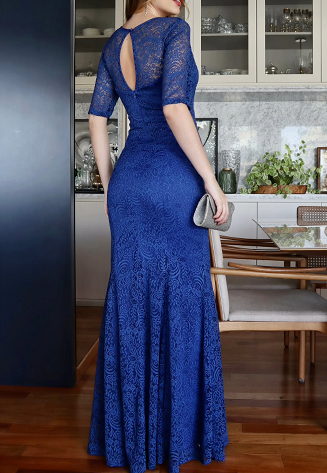 V-Neck Half Sleeves Appliques Mermaid Mother of Bride Dress