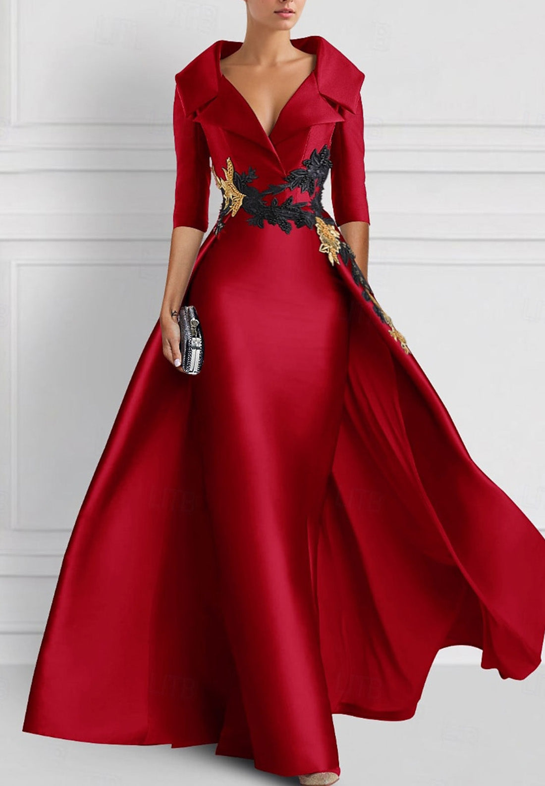 V-Neck Half Sleeves Appliques Sheath Satin Mother of Bride Dress