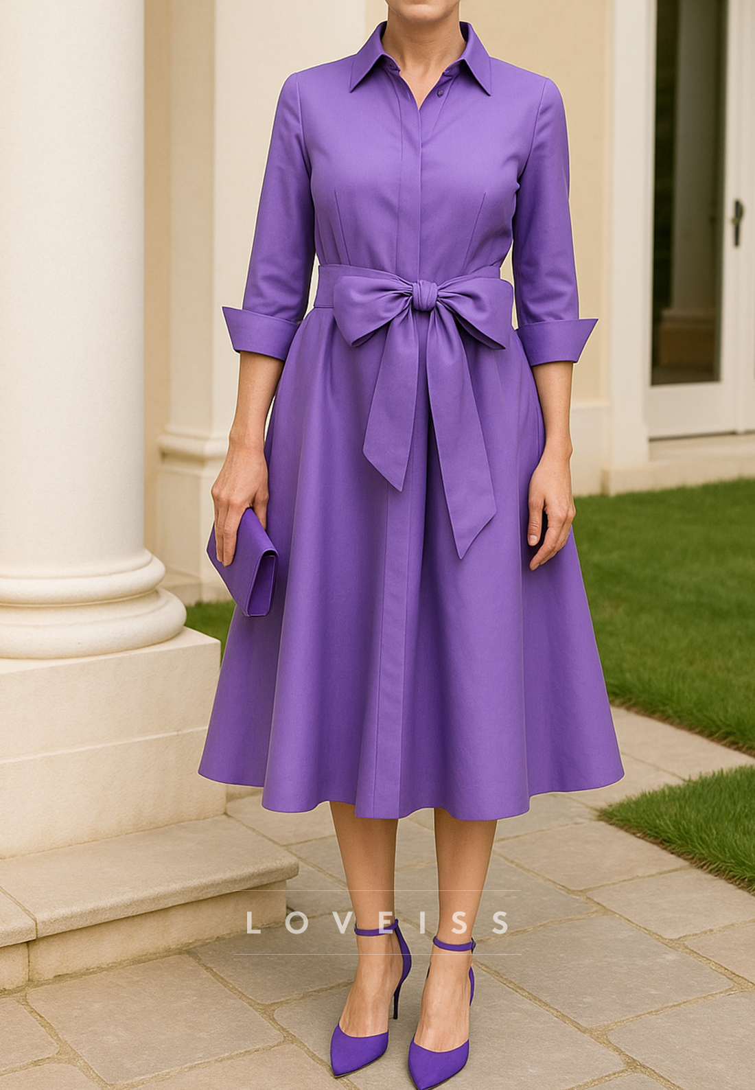 V-Neck Half Sleeves Belt A-Line Mother of Bride Dress