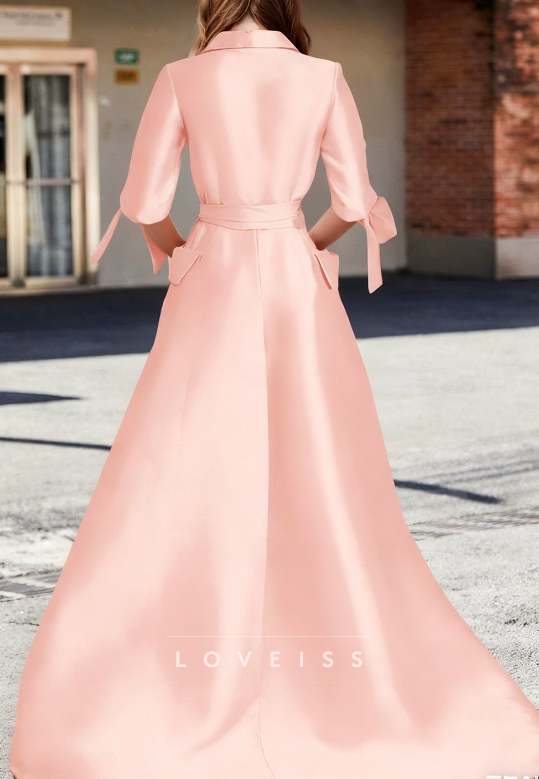 V-Neck Half Sleeves Belt Satin A-Line Mother of Bride Dress