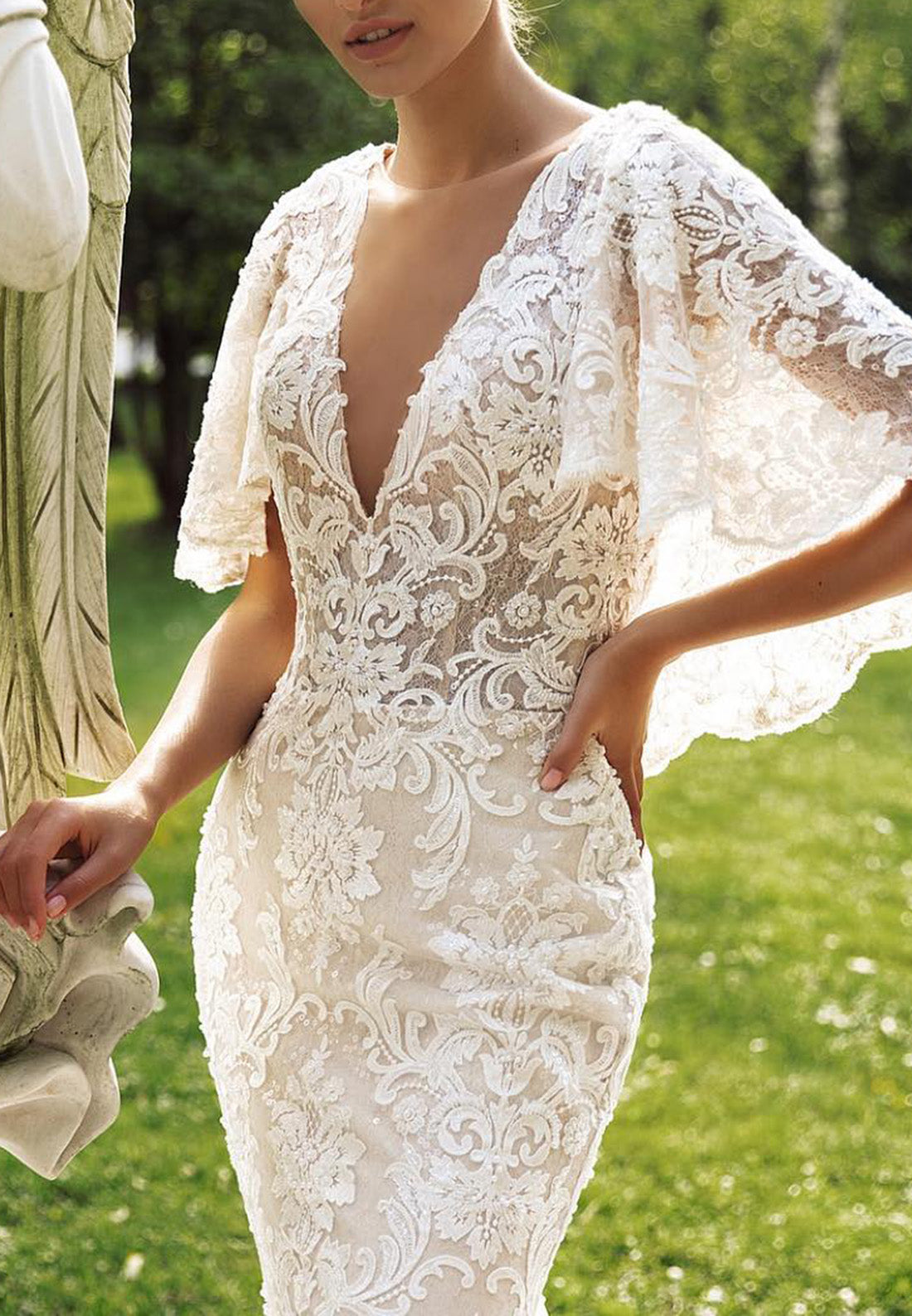 V-Neck Half Sleeves Lace Appliques Mermaid Wedding Dress