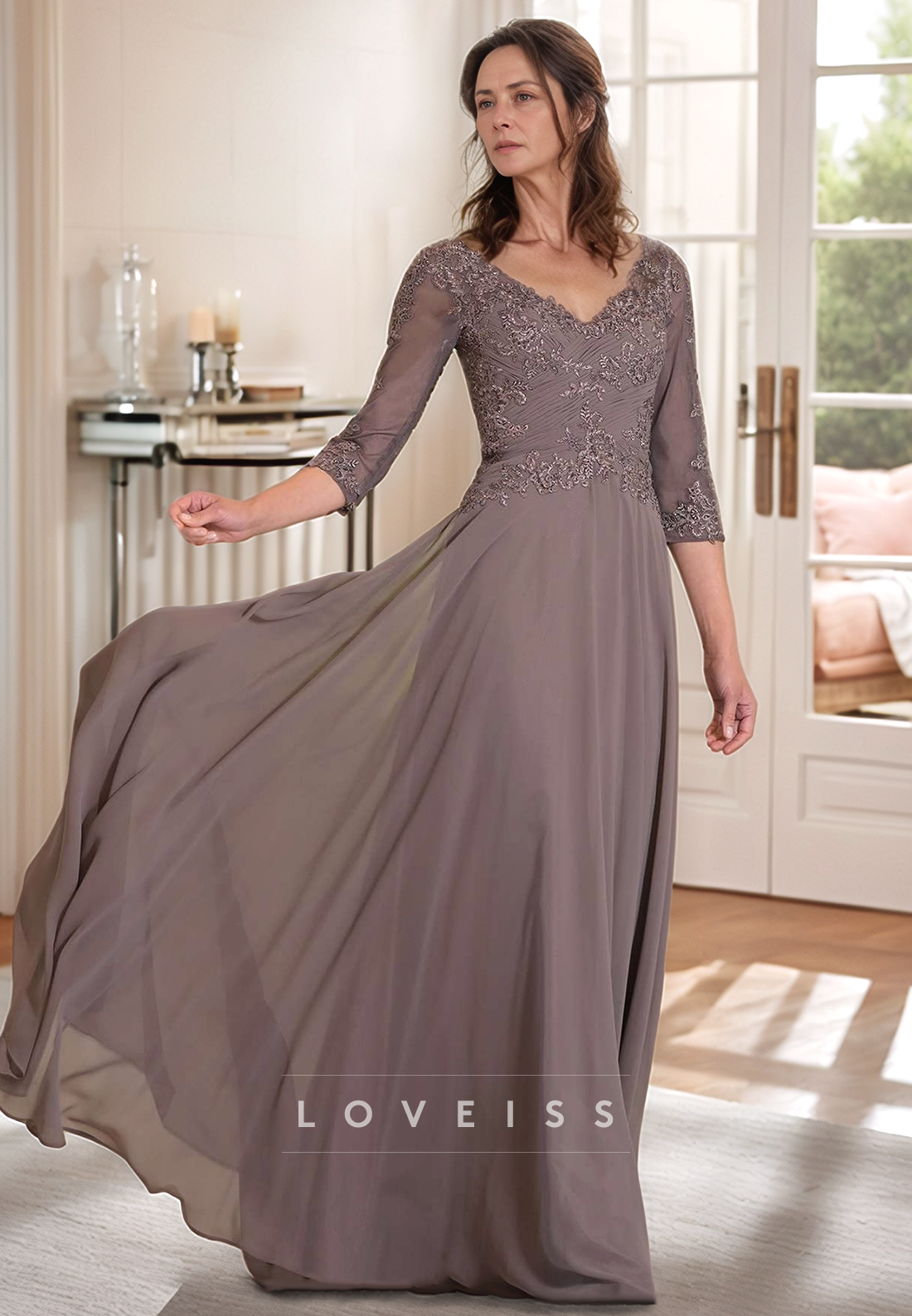 V-Neck Half Sleeves Pleated Appliques Chiffon A-Line Mother of Bride Dress