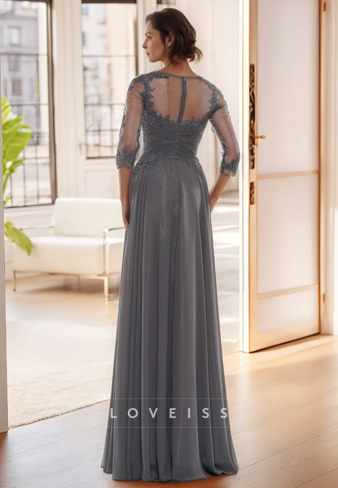 V-Neck Half Sleeves Pleated Appliques Chiffon A-Line Mother of Bride Dress