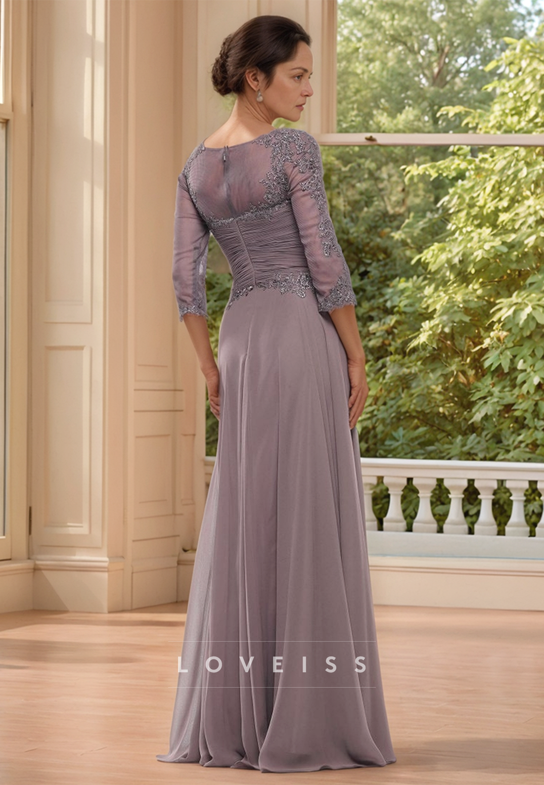 V-Neck Half Sleeves Pleated Appliques Chiffon A-Line Mother of Bride Dress
