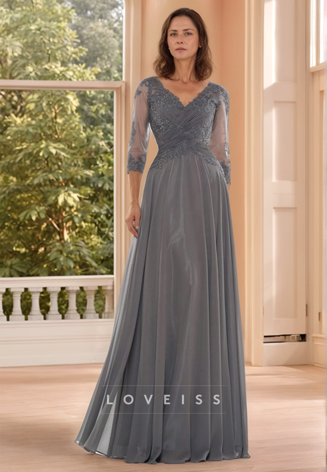 V-Neck Half Sleeves Pleated Appliques Chiffon A-Line Mother of Bride Dress