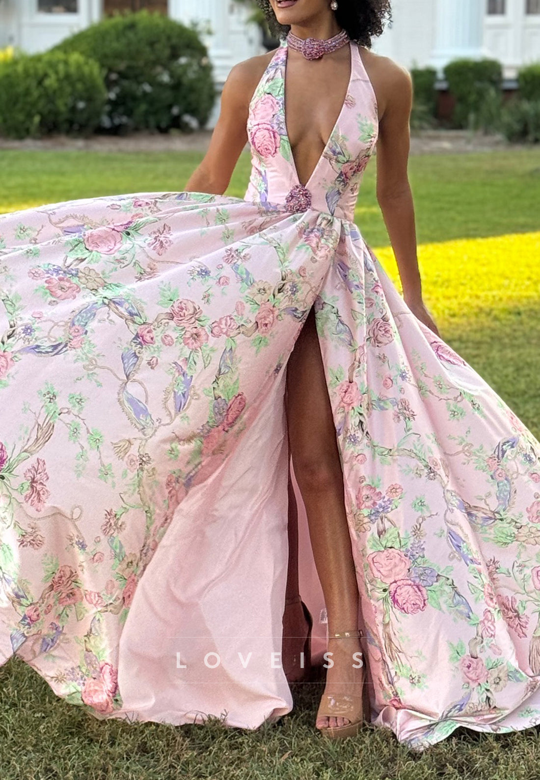V-Neck Halter Floral Printed A-Line Prom Dress