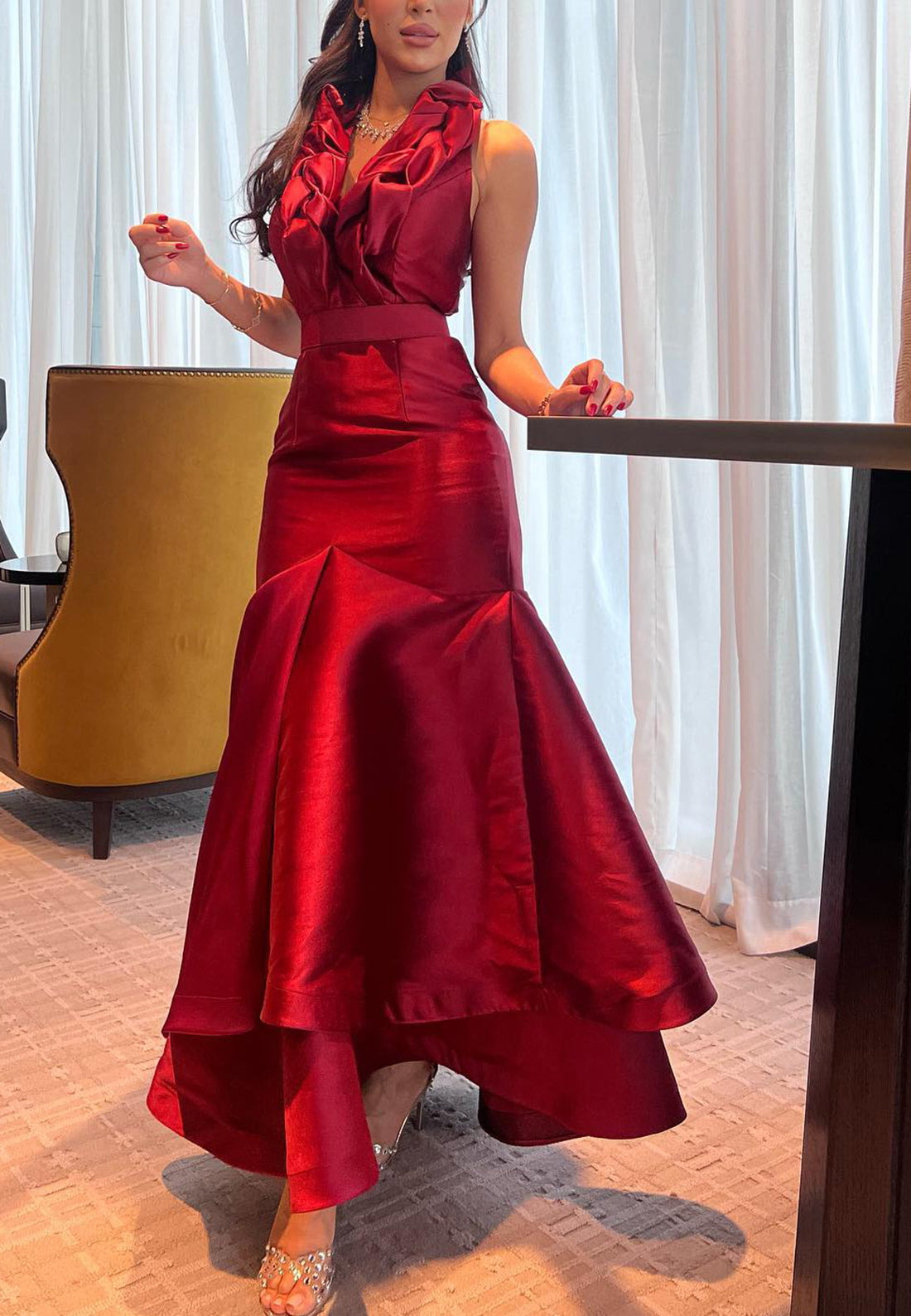 V-Neck Halter Sleeveless Sleek Satin A-Line Evening Dress