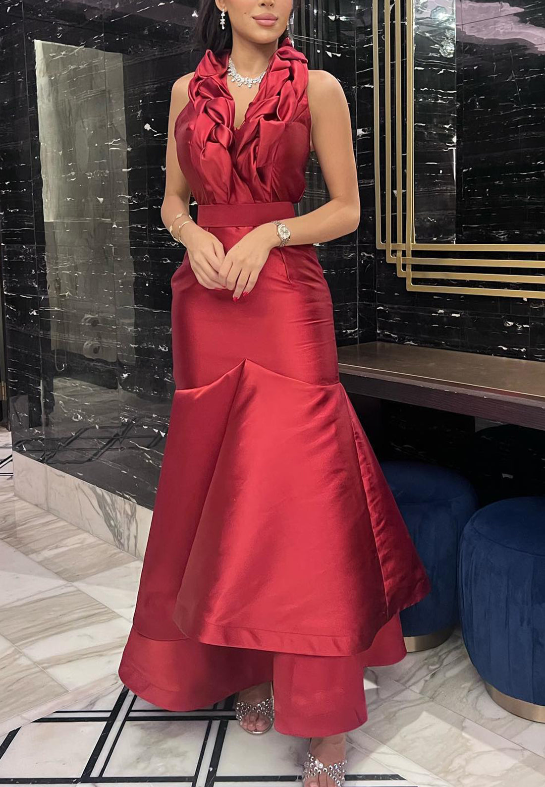 V-Neck Halter Sleeveless Sleek Satin A-Line Evening Dress
