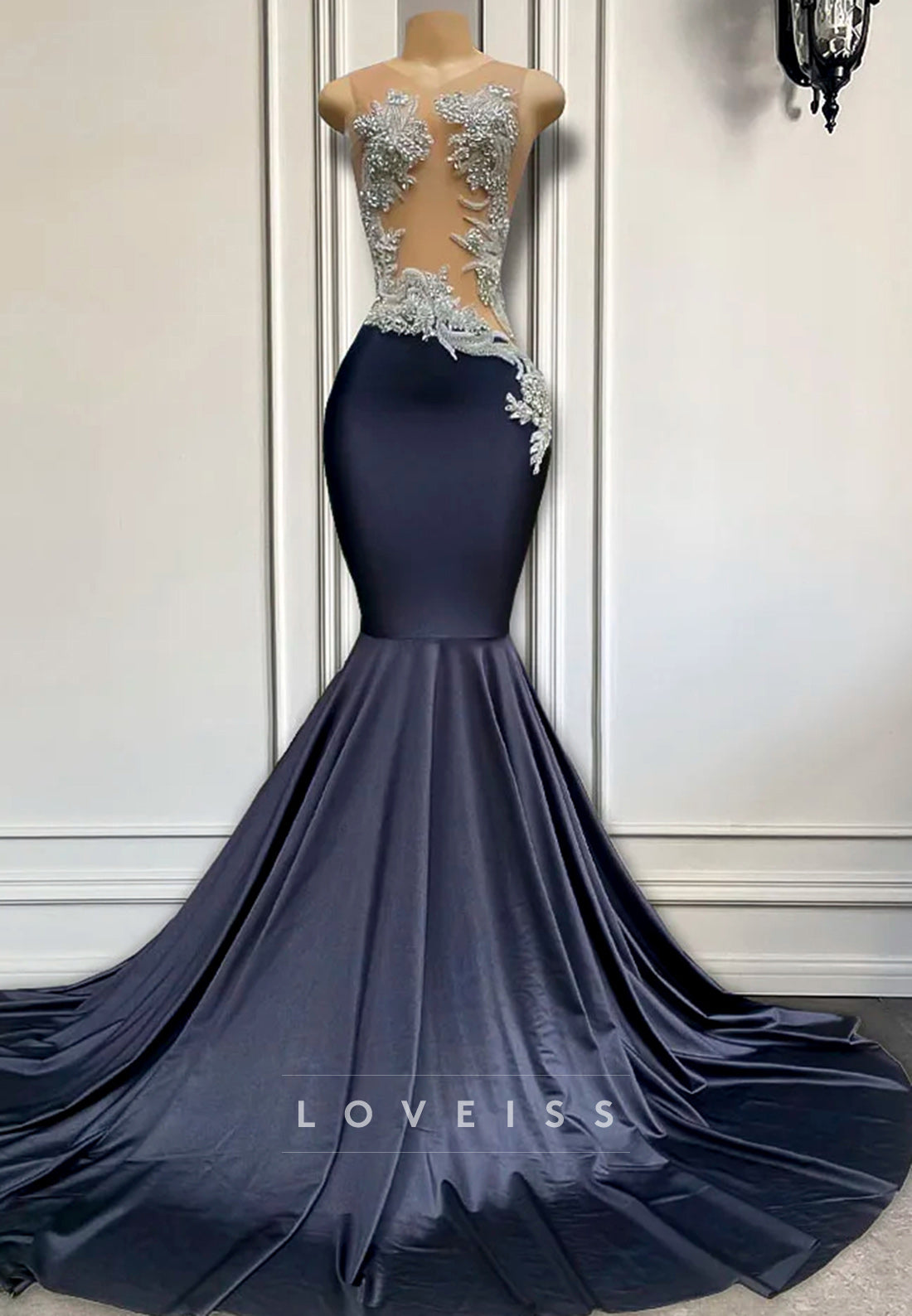 V-Neck Illusion Beaded Pleated Mermaid Prom Dress for Black Girls