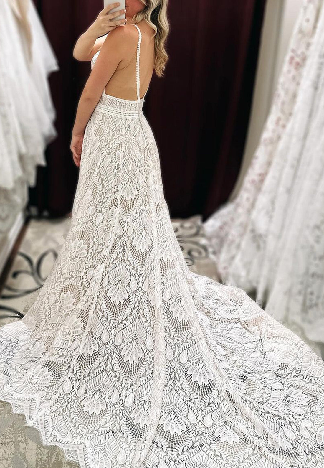 V-Neck Lace Appliques Spaghetti Straps A-Line Boho Wedding Dress