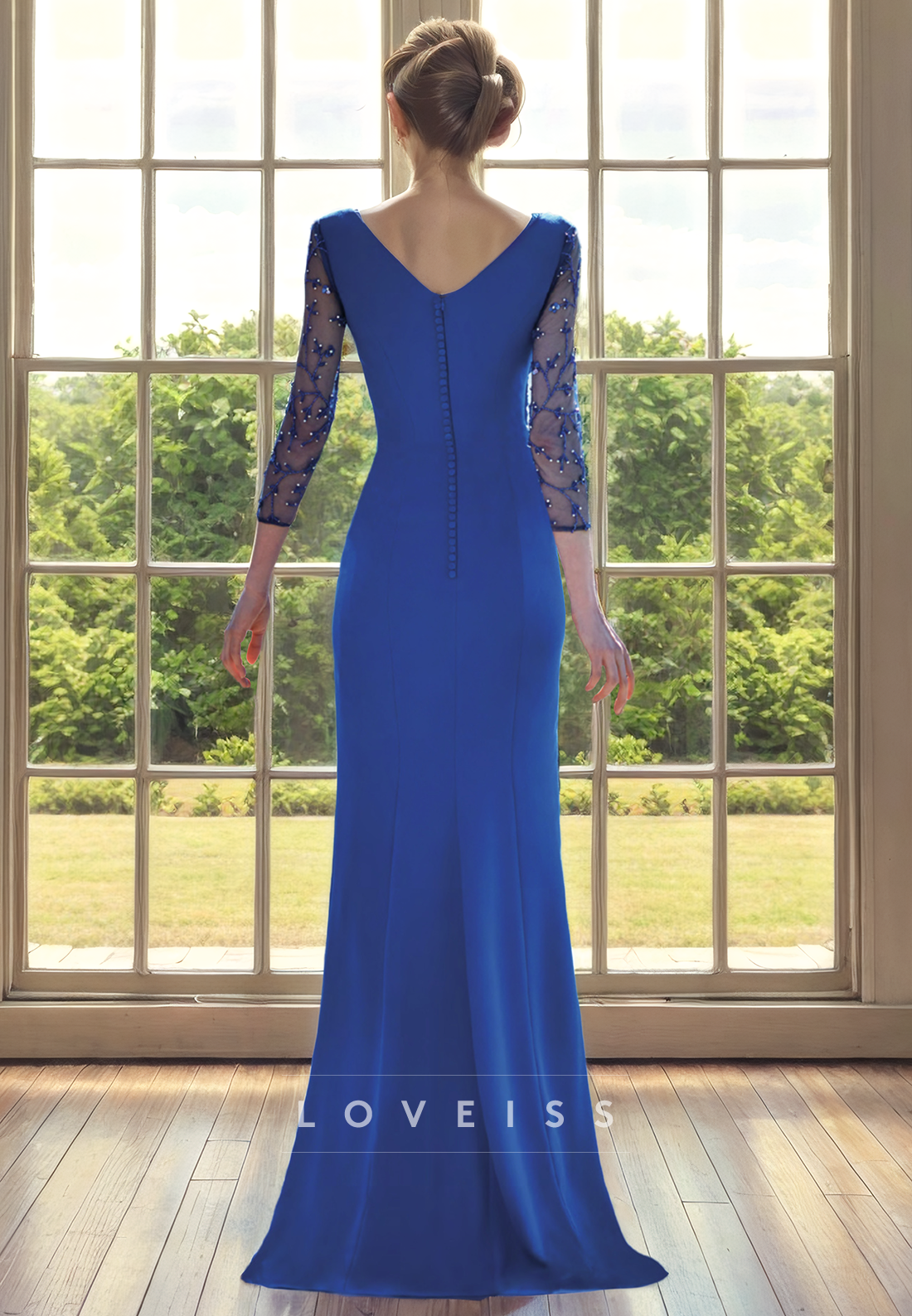 V-Neck Long Lace Appliques Sleeves Ruched Sheath Long Mother of Bride Dress Cocktail Dress