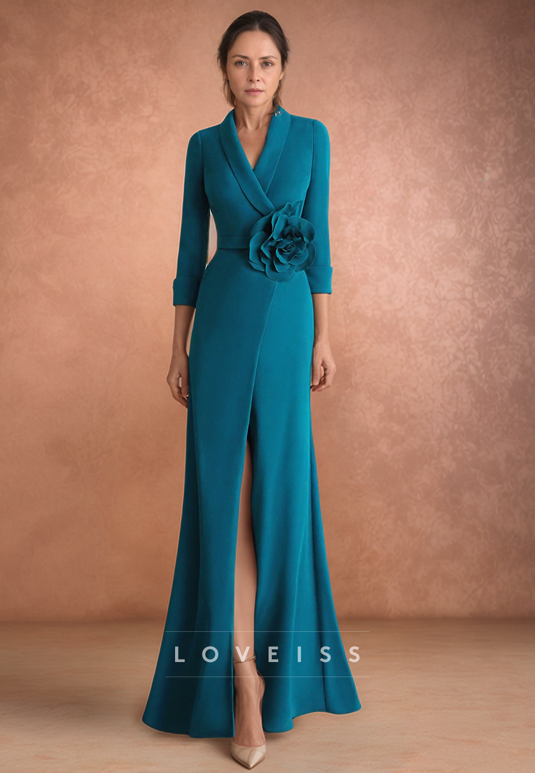 V-Neck Long Sleeves 3D Floral Sheath Mother of Bride Dress