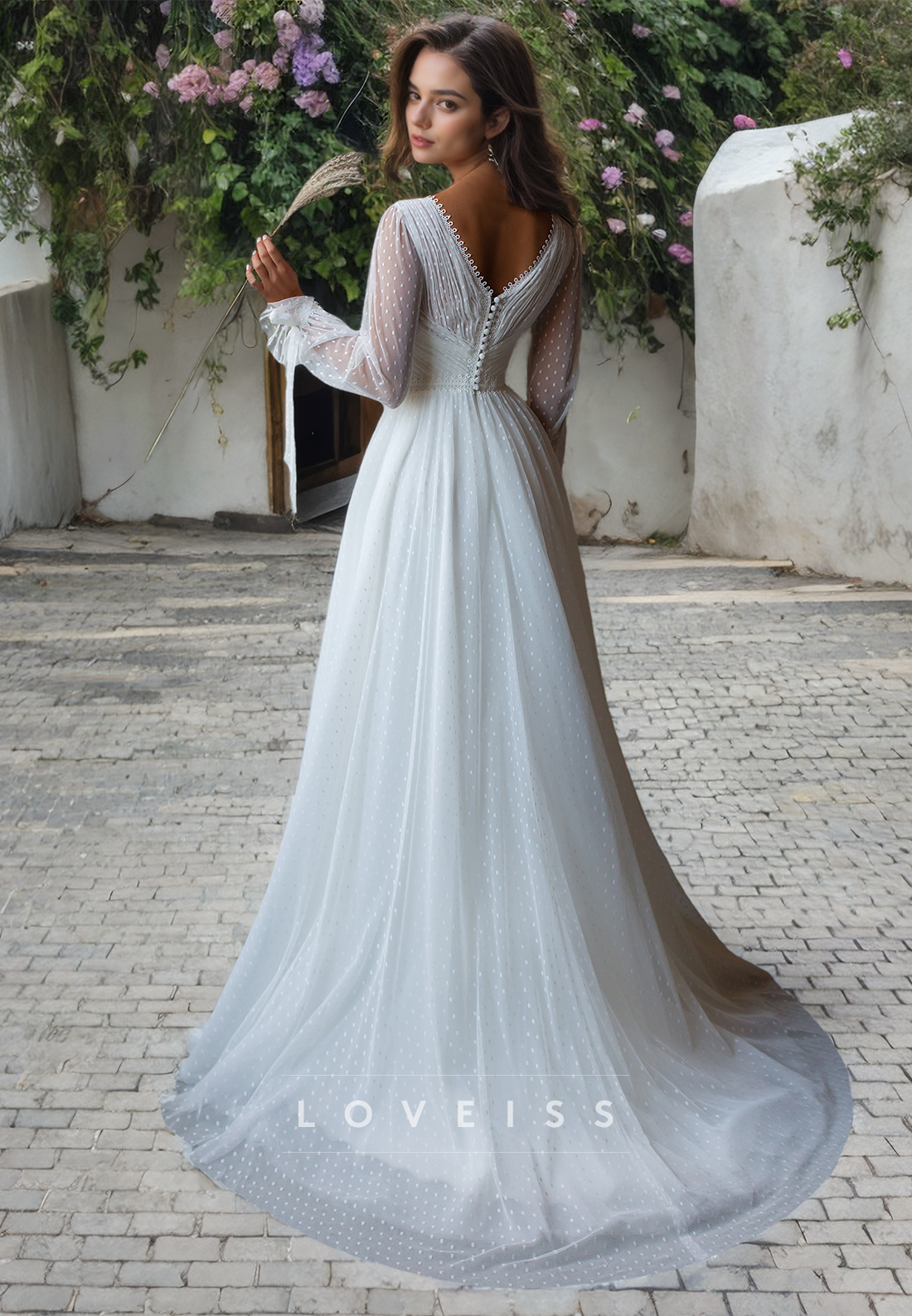 V-Neck Long Sleeves A-Line Pleated Wedding Dress