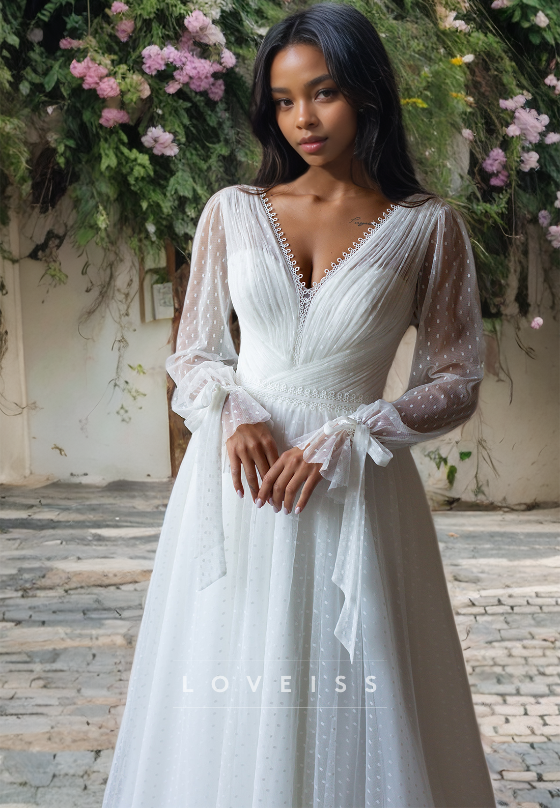 V-Neck Long Sleeves A-Line Pleated Wedding Dress
