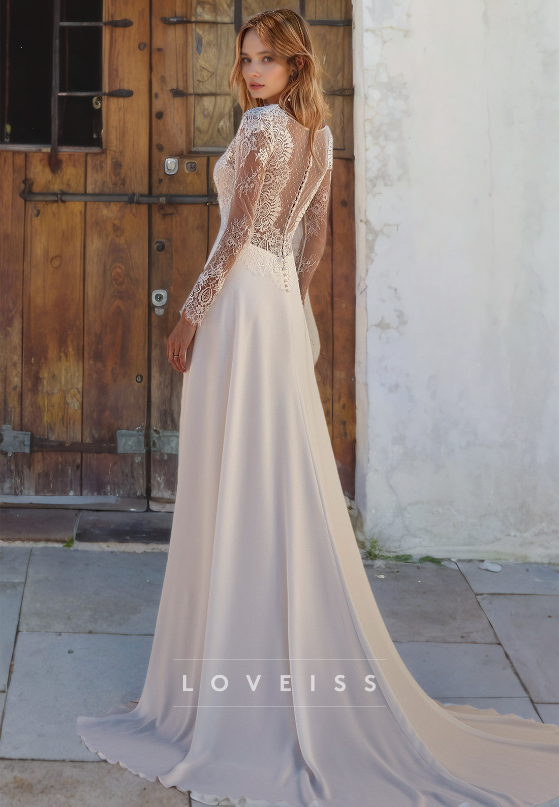 V-Neck Long Sleeves Appliques A-Line Wedding Dress