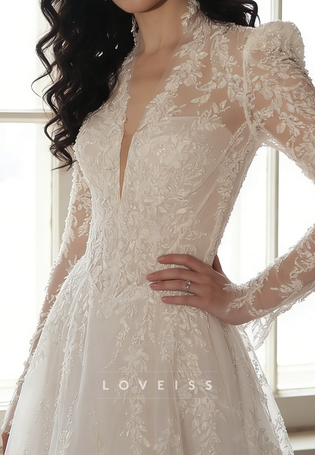 V-Neck Long Sleeves Appliques A-Line Wedding Dress