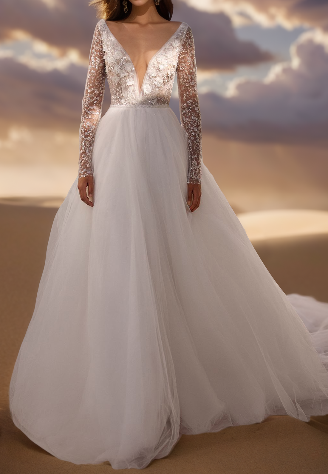 V-Neck Long Sleeves Appliques Ball Gown Wedding Dress