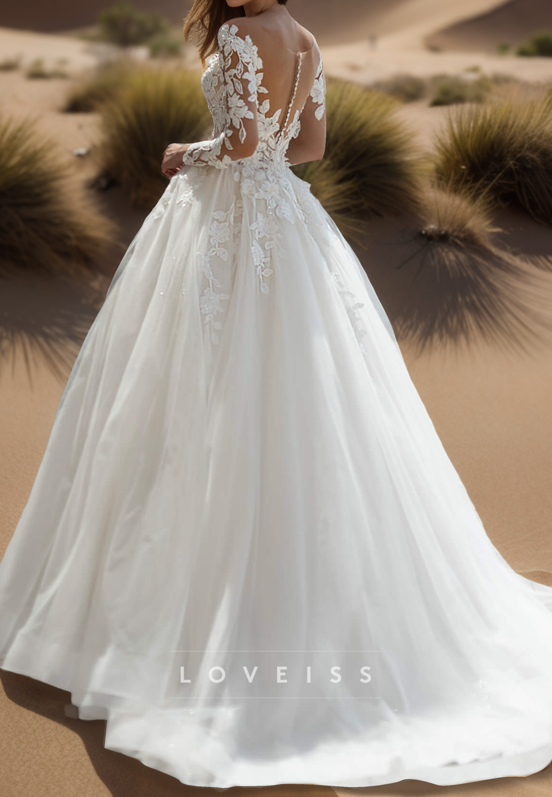 V-Neck Long Sleeves Appliques Ball Gown Wedding Dress