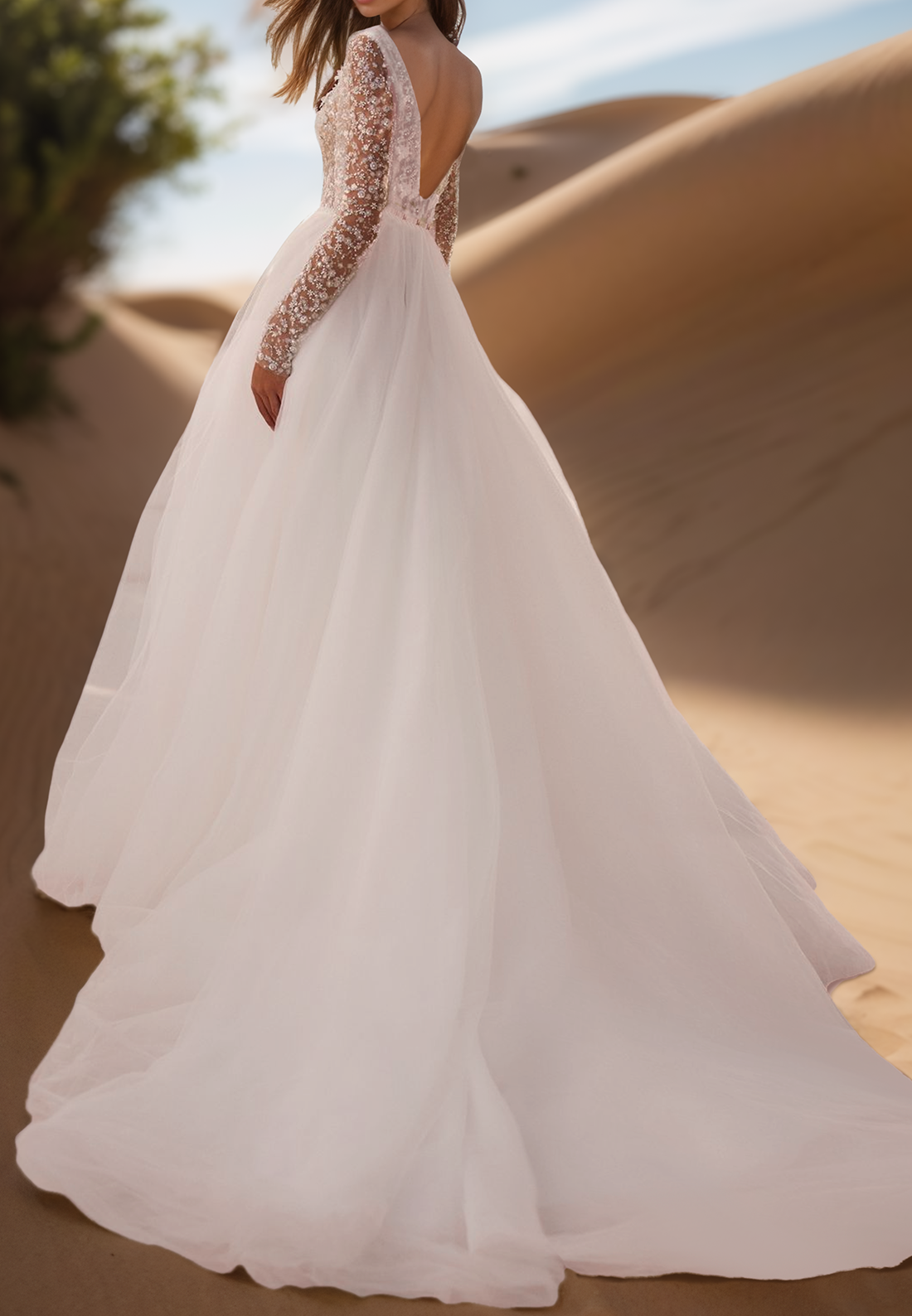 V-Neck Long Sleeves Appliques Ball Gown Wedding Dress