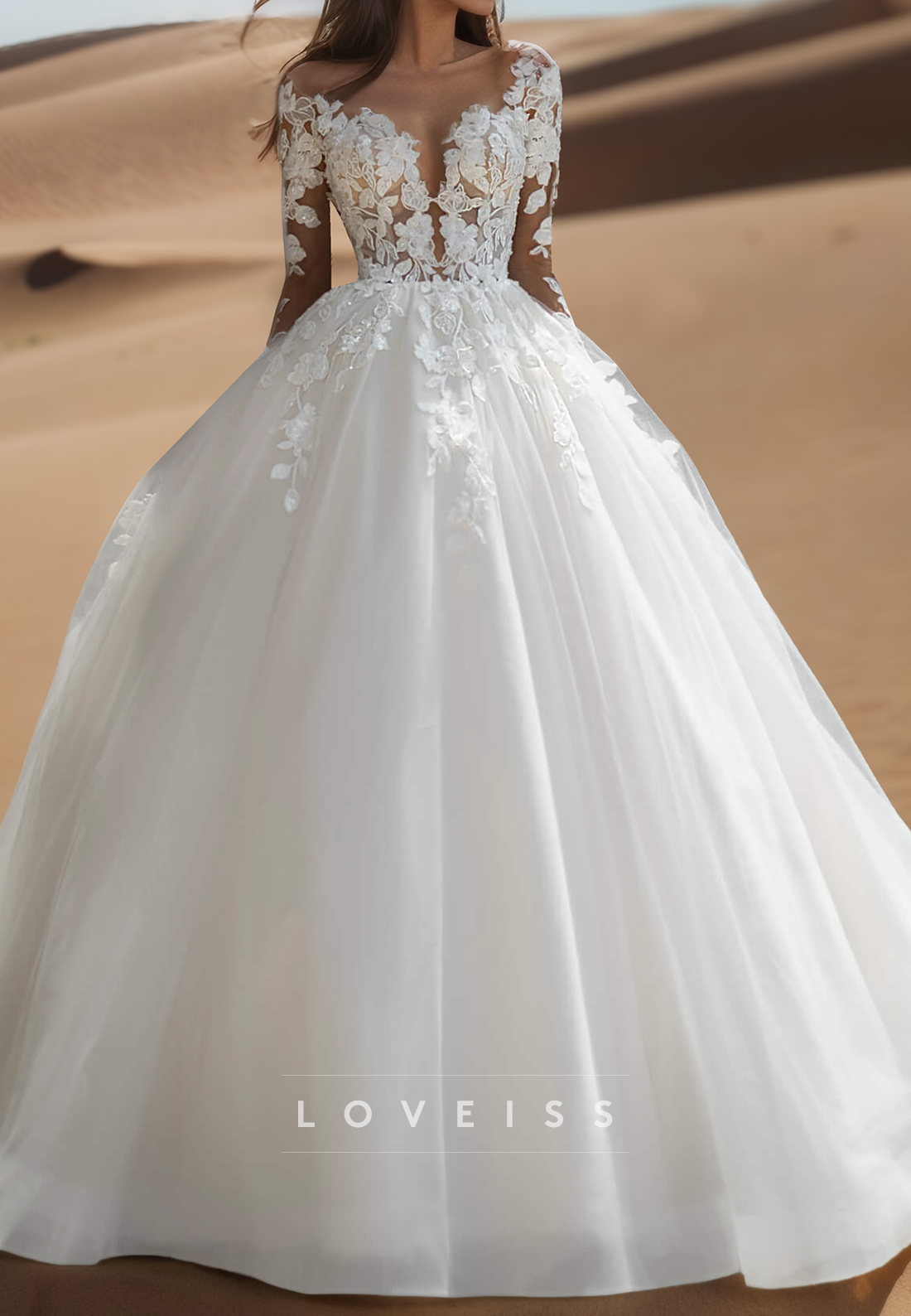 V-Neck Long Sleeves Appliques Ball Gown Wedding Dress