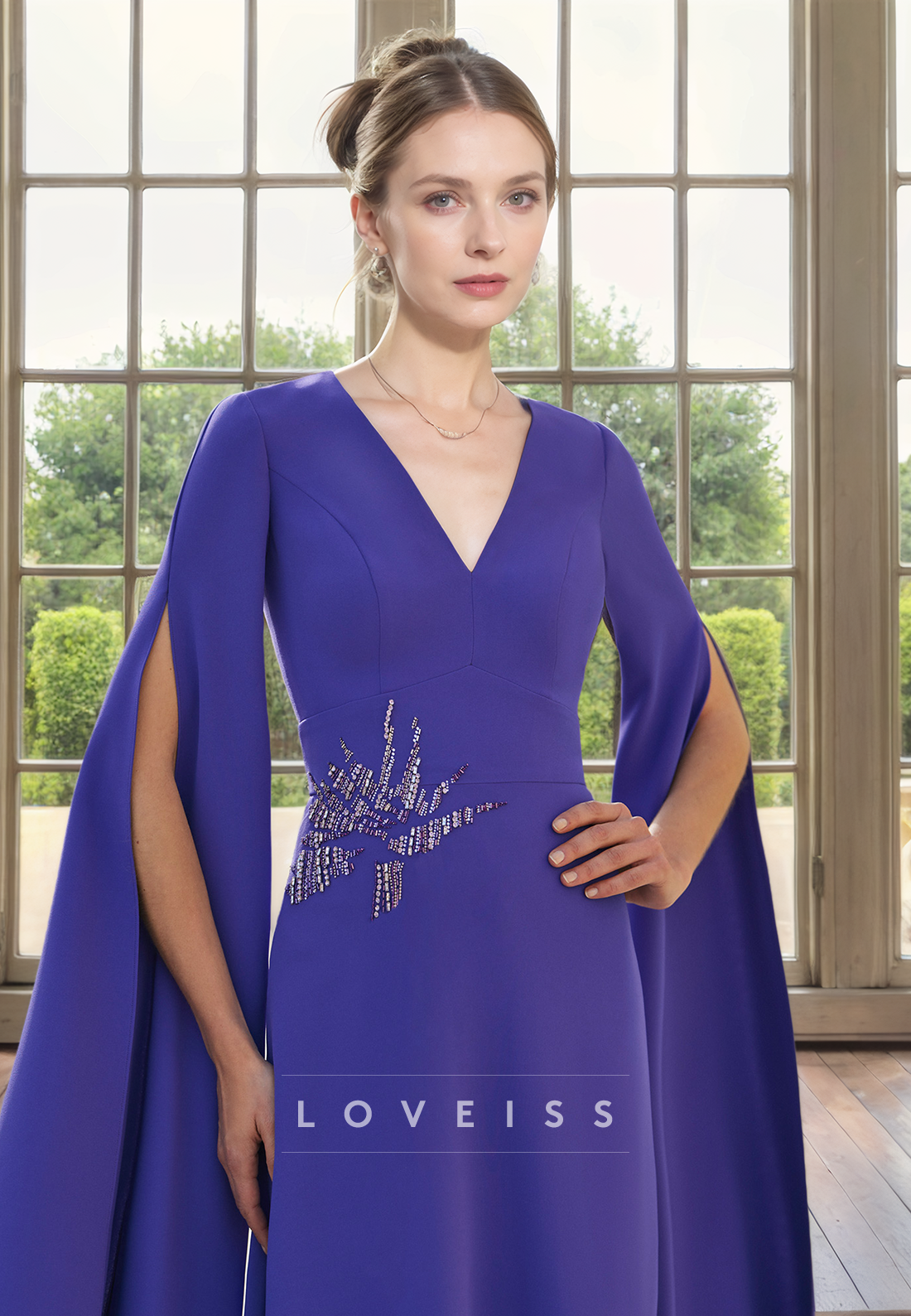 V-Neck Long Sleeves Appliques Beaded Sheath Satin Mother of Bride Dress Cocktail Dress