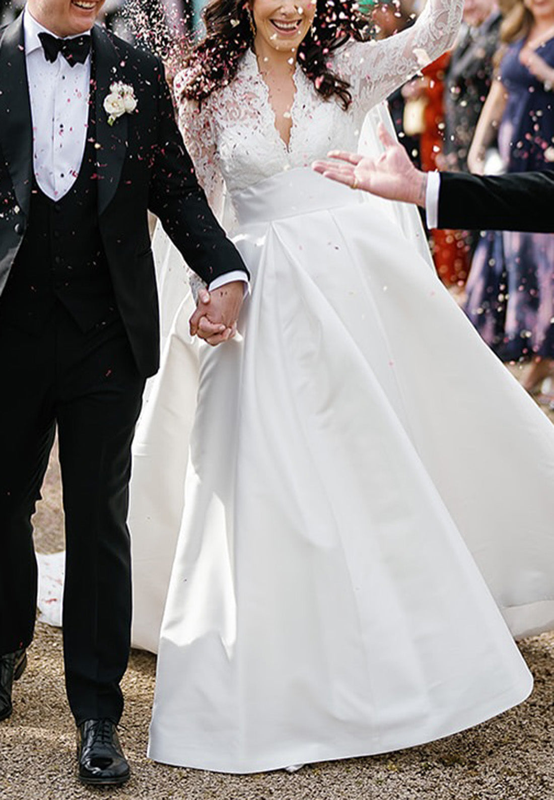 V-Neck Long Sleeves Appliques Empire Waist A-Line Wedding Dress