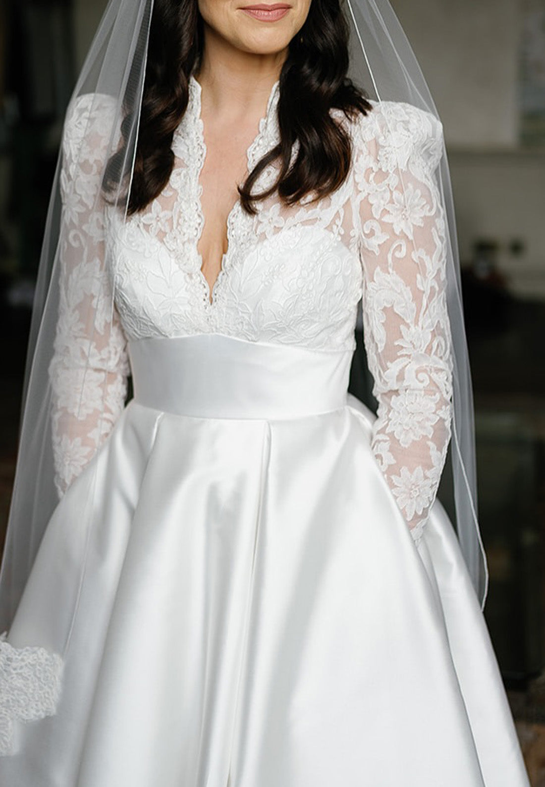 V-Neck Long Sleeves Appliques Empire Waist A-Line Wedding Dress