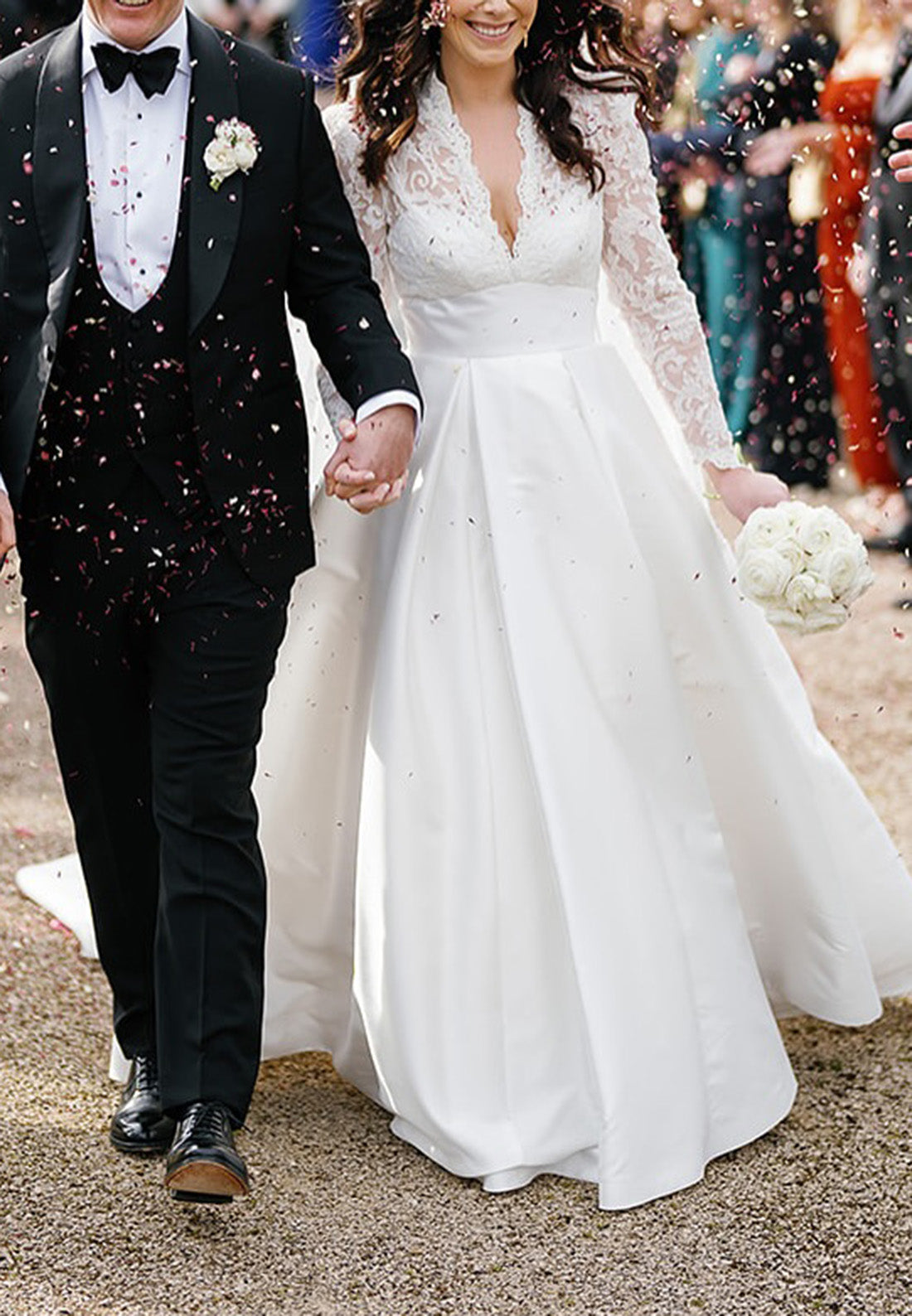 V-Neck Long Sleeves Appliques Empire Waist A-Line Wedding Dress