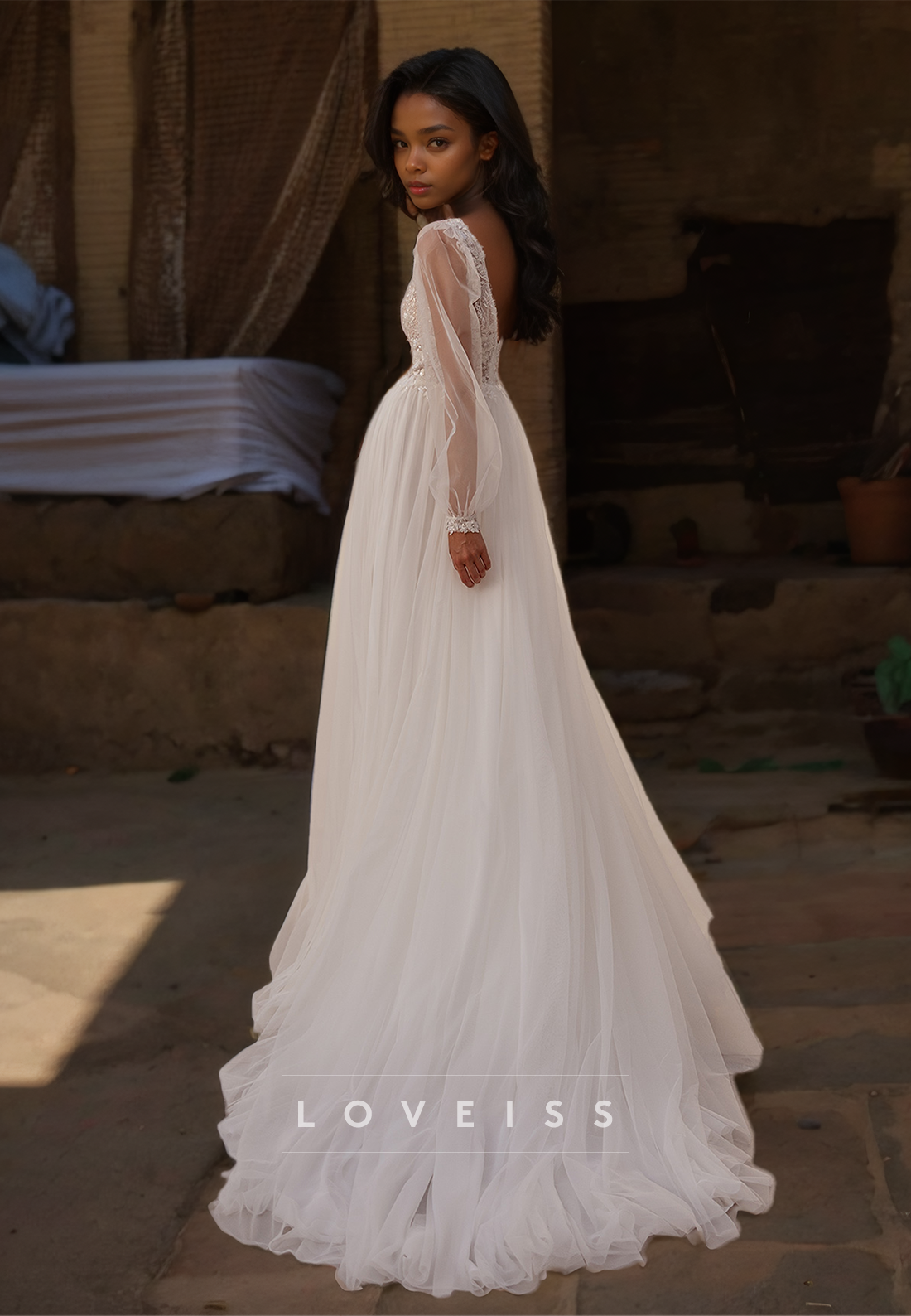 V-Neck Long Sleeves Appliques Pleated A-Line Wedding Dress