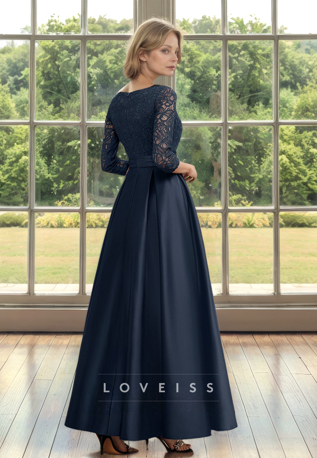 V-Neck Long Sleeves Appliques Pleated Satin A-Line Mother of Bride Dress