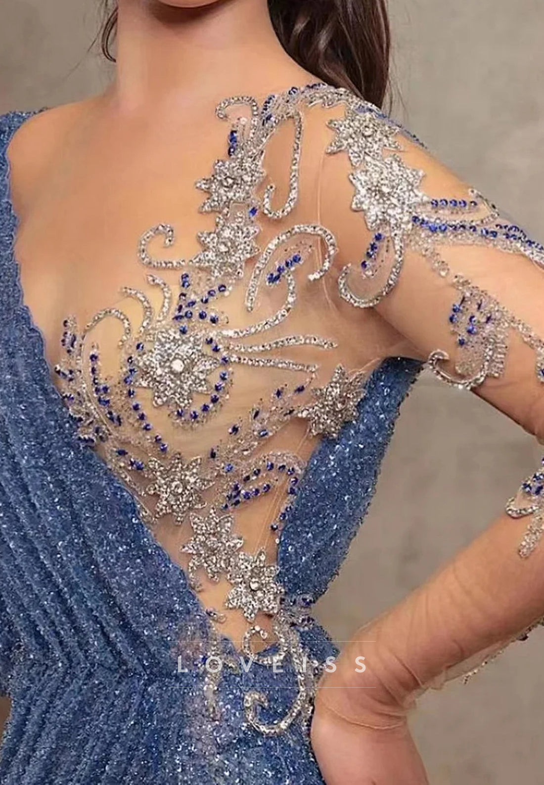 V-Neck Long Sleeves Appliques Sequins Mermaid Mother of Bride Dress