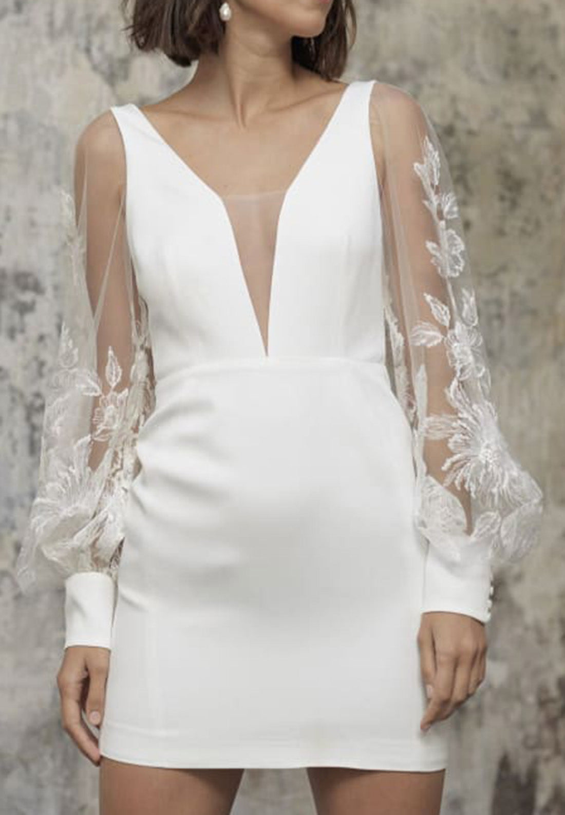 V-Neck Long Sleeves Appliques Sheath Short Wedding Dress