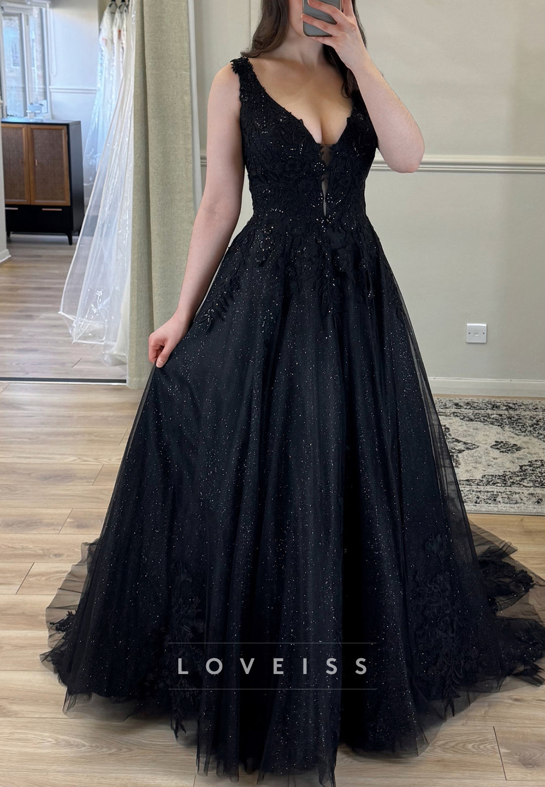 V-Neck Long Sleeves Appliques Sparkly A-Line Black Wedding Dress