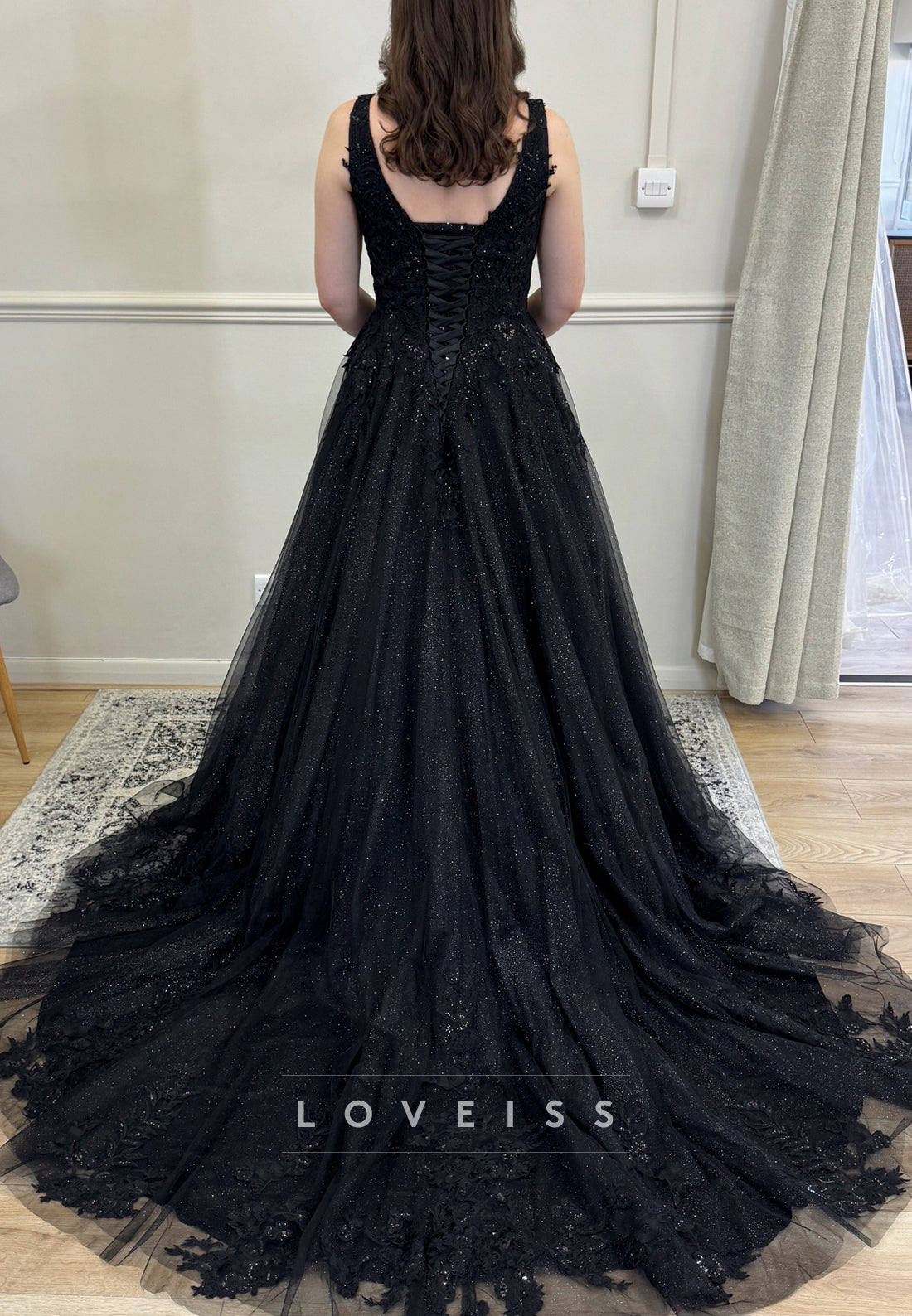 V-Neck Long Sleeves Appliques Sparkly A-Line Black Wedding Dress