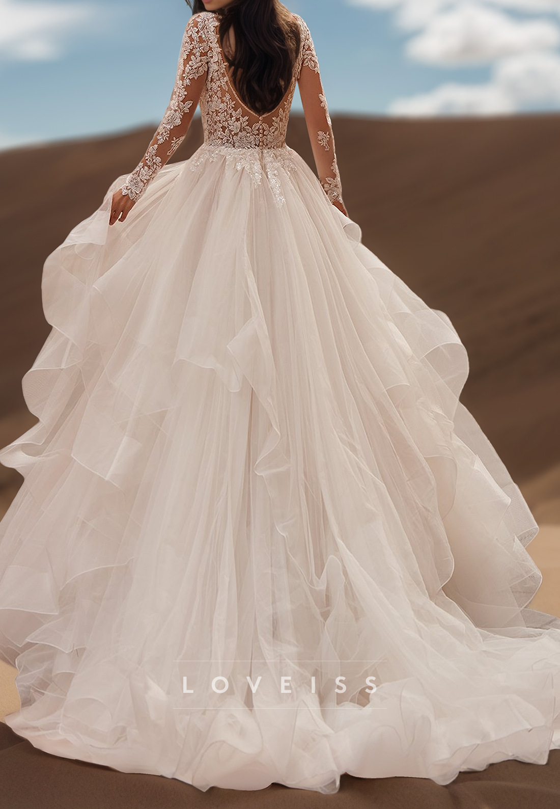 V-Neck Long Sleeves Appliques Tieered Ball Gown Wedding Dress